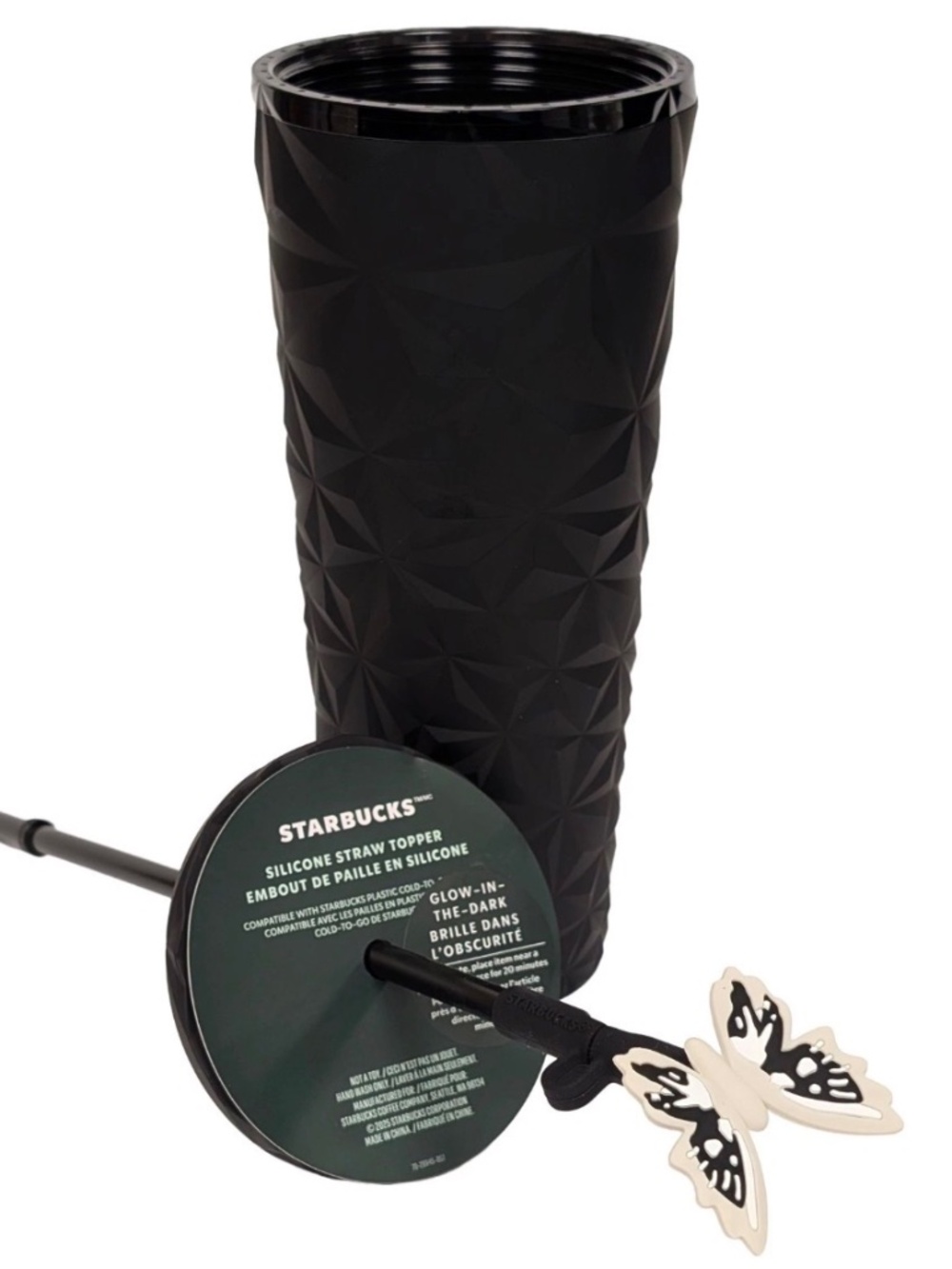 Starbucks Cup Tumbler Glow-In-The-Dark Butterfly Topper Beveled 2024, Black 20oz